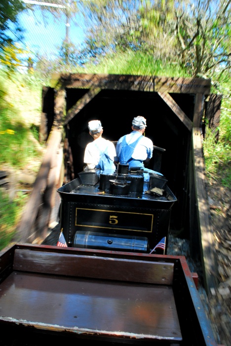 A train conductor and his assistant ride the rails at the Redwood Valley Railroad in Berkeley, Calif. Photo by Melissa Abel.