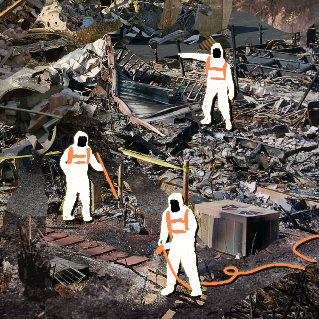 Photo illustration of hazardous waste being cleaned up by workers in hazmat-like suits
