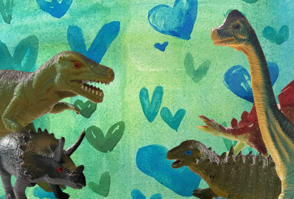 The five dinosaur housemates are superimposed in front of a love-themed backdrop.