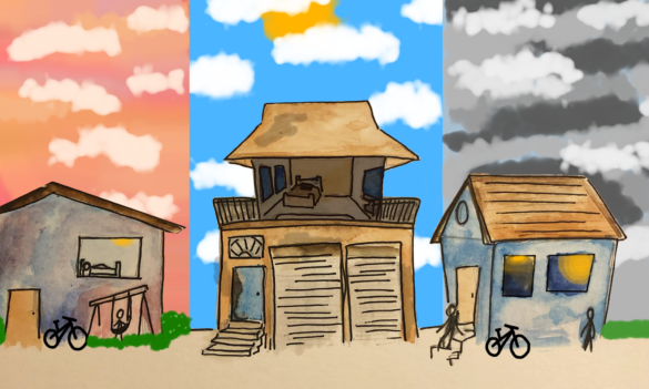 An illustrated street view of three houses. The one in the center is empty, with a blue sky behind it. The sky is three separate tones, indicating the passage of seasons and time.