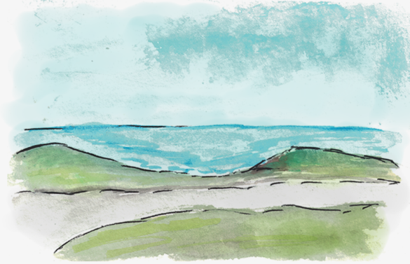 Watercolor painting of the view from West Cliff Dr. The sky is blue and the grass is green.