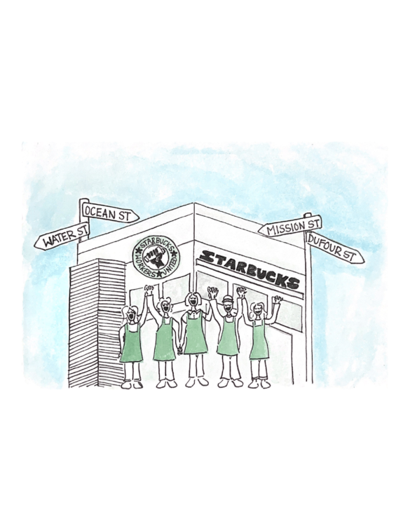 Illustration of Starbucks workers raising their hands in front of a starbucks storefront.
